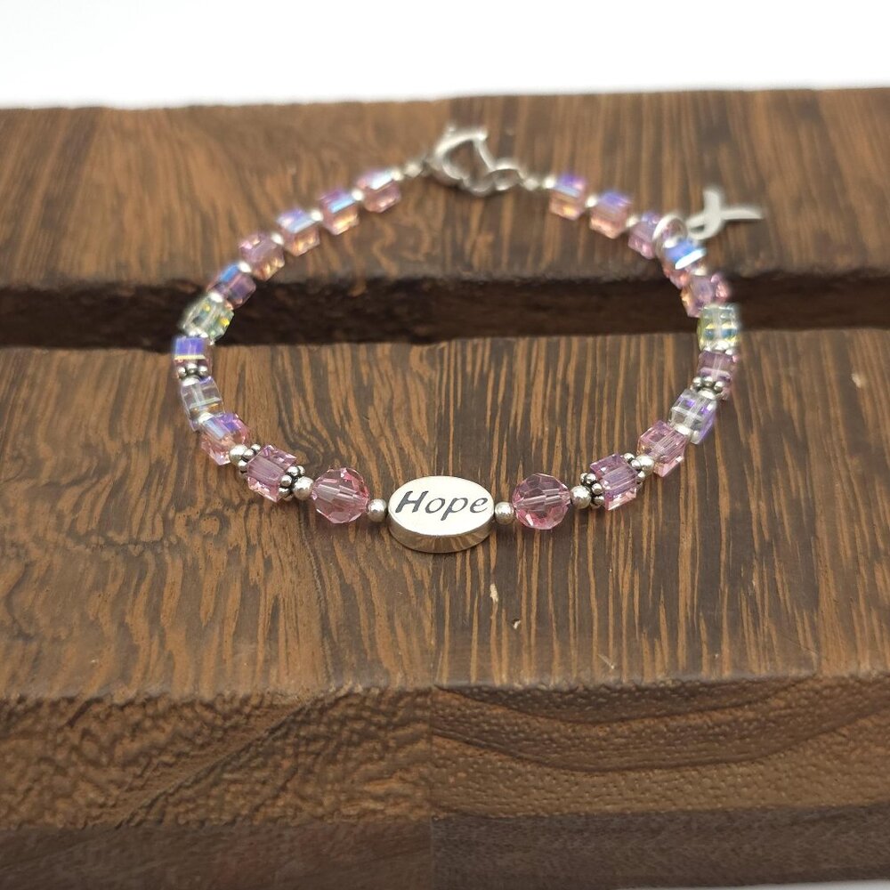 7 Inch Sterling Silver Pink Crystal Hope Breast Cancer Bracelet B244
